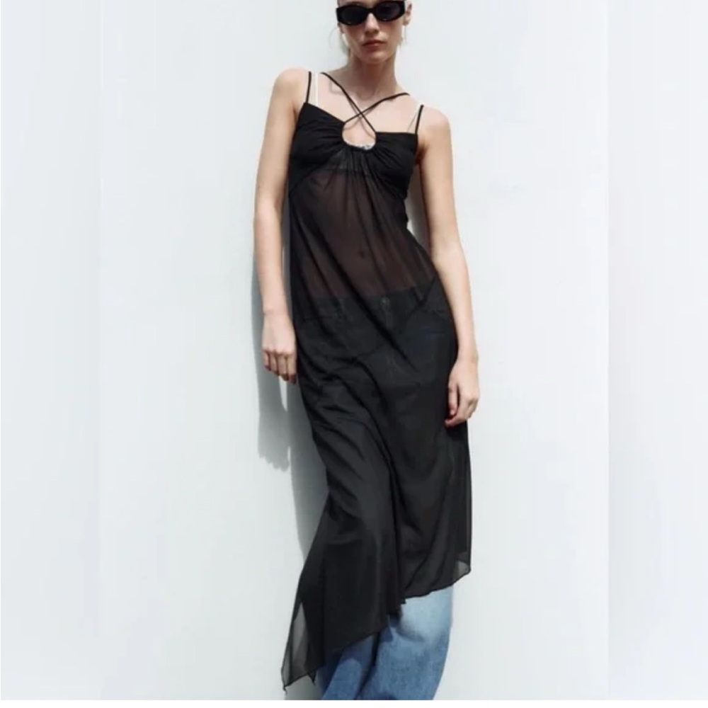 Zara asymmetric tulle  sheer midi slip dress see through